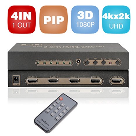 HDMI Switch with PIP and IR Wireless Remote Controller 4 x 1 HDMI Splitter V1.4 Hub Port Switcher Supports PIP 4K x 2K 3D 4 Port High Speed HDMI Splitter Switch by DotStone