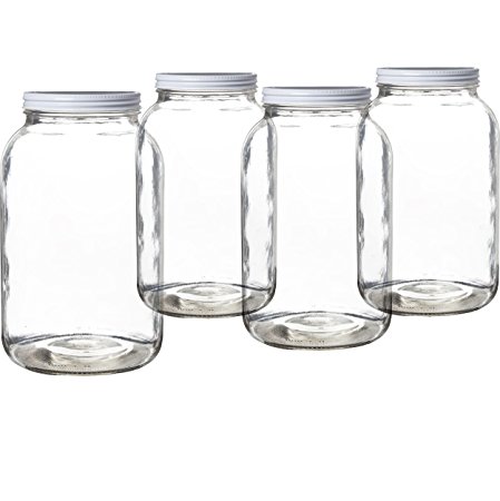 Pakkon Wide Mouth Glass Mason Jar with Metal Lid/Ferment & Store Kombucha Tea or Kefir/Use for Canning, Storing, Pickling & Preserving Dishwasher Safe, Airtight Liner Seal, 1 gallon (4 Pack)
