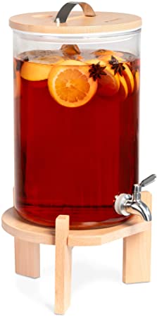 Navaris Glass Drinks Dispenser with Tap - 7 Litre Drink Jar with Spigot, Lid and Beechwood Stand for Hot or Cold Beverages, Ice Water for Parties