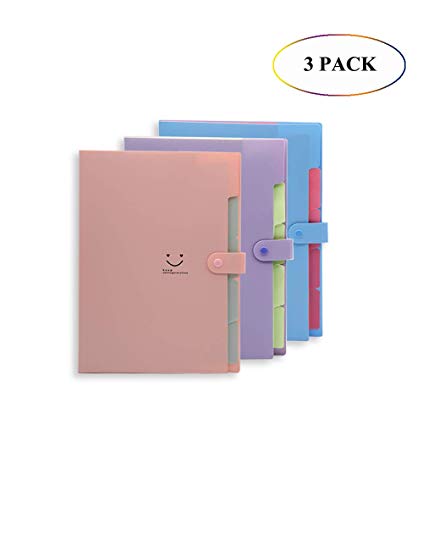 Colored Paper Accordion File Folders,3 Color Decorative Expanding File,Plastic Portable Desktop Document Organizer for School and Office,5-Pocket,Use A4 Letter Size,3 in a Pack (Multicolored)