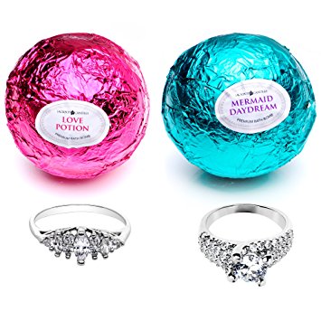 Mermaid Love Potion Bath Bombs Gift Set of 2 with Ring Surprise Inside Each Made in USA
