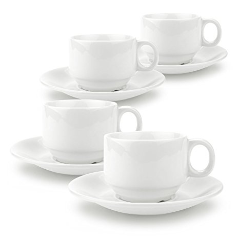 T4U 2 Ounce Simple Espresso Cups and Saucers with Handle Tea Cup and Saucer Fine Durable Porlecain White sets of 4