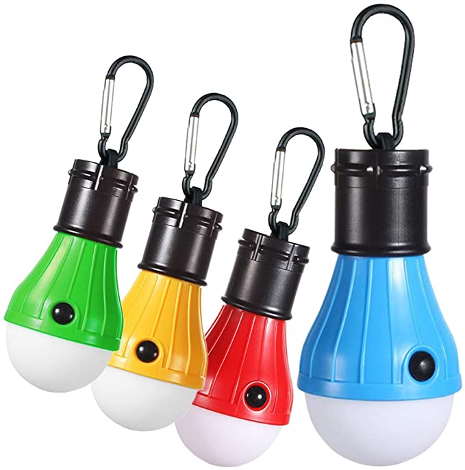Zoojee 4 Packs LED Canping Tent Lights Bulb, Battery Powered Camping Lantern with Clip Hook, Survival Kit for Camping, Hiking, Fishing, Storm, Hurricane Lantern, Emergency Lights, Power Outage Lantern
