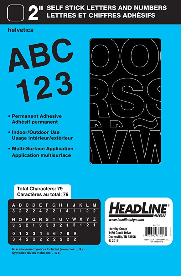 Headline Sign 31211 Stick-On Vinyl Letters and Numbers, Black, 2-Inch