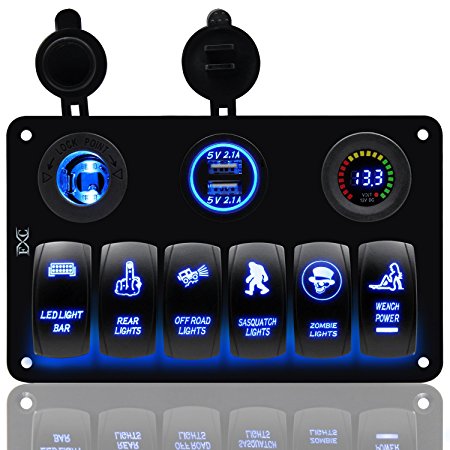 FXC 6 Gang Rocker Switch Panel with Digital Voltmeter 12V power Socket  Double USB Power Charger Adapter Waterproof Blue LED Backlight for Car Trailer Marine Boat¡­