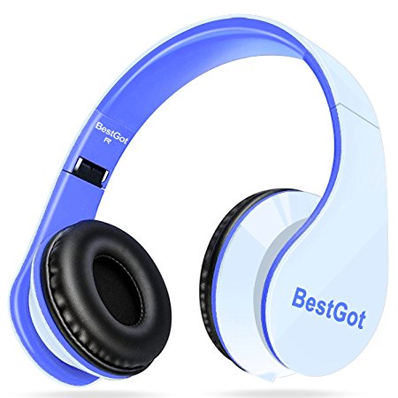 [New Style] BestGot Headphones Over Ear with microphone In-line Volume with Transport Waterproof Bag Foldable Headphone with 3.5mm plug removable cord (White/Blue)