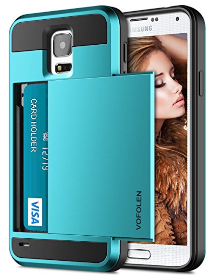 Galaxy S5 Case, Vofolen Hybrid Cover Galaxy S5 Wallet Case Shock Absorption Rubber Soft Bumper Armor Anti-Scratch Protective Shell with Slide Card Holder Slot for Galaxy S5 (Light Blue)
