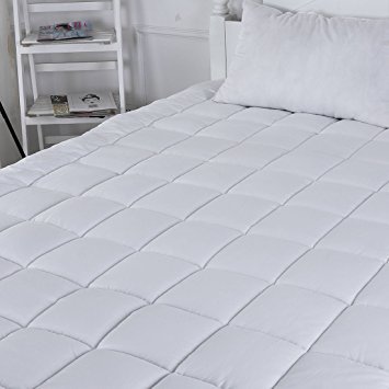 Mattress Pad Cover-Cotton Top with Stretches to 18” Deep Pocket Fits Up to 8”-21” Cooling White Bed Topper (Down Alternative, Full)