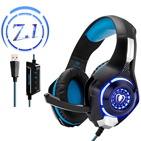 PC Gaming Headset with 7.1 Surround Sound - Beexcellent Wired Over Ear USB Headsets with Mic One Key Mute Volume Control Blue Led Light for Computer Laptop Ps4 ( GM-120 BlackBlue )