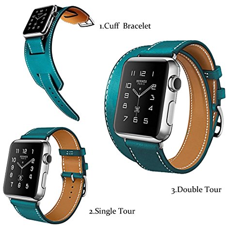 Hoco Apple Watch Band Pinhen Double Tour and Cuff Genuine Leather Watch Cow Genuine Leather Classic with Metal Buckle for Apple Iwatch(38mm Blue)