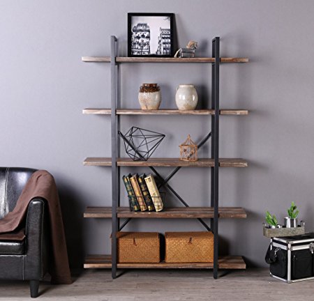 Homissue 5-Tier Industrial Bookcase and Bookshelf, Industrial Metal and Wood Bookcases Shelves，Retro Brown