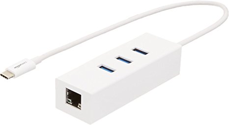 AmazonBasics USB 3.1 Type-C to 3 Port USB Hub with Ethernet Adapter - White