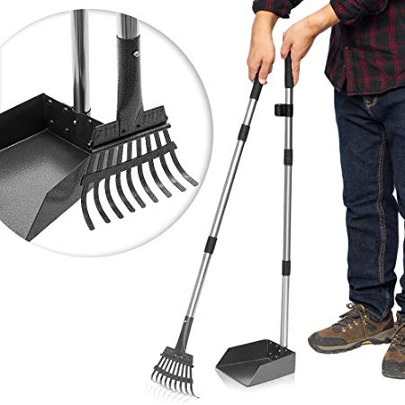 CHERPET Dog Pooper Scooper - Long Handle Tray & Rake Pick Up Pets Waste Removal Metal Durable Dog/Cat Scoopers Easy to Use Great Clean Up for Outdoor/Grass/Yard