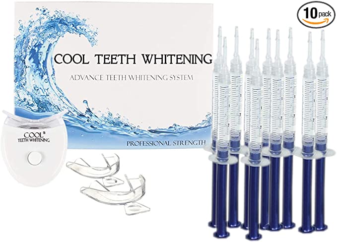 Cool Teeth Whitening Kit (10) Syringes of 44 Carbamide Peroxide Gel - (1) LED Accelerator Light - (2) Trays - (1) Shade Guide - (1) Instructions Sheet - at Home Tooth Whitener Products
