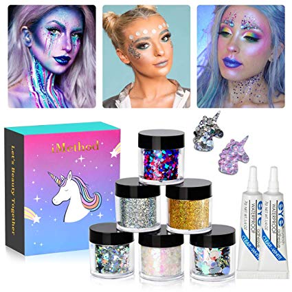 Body Glitter by iMethod - 6 Jars Holographic Cosmetic Face Glitter, for Festival & Halloween Alien Makeup