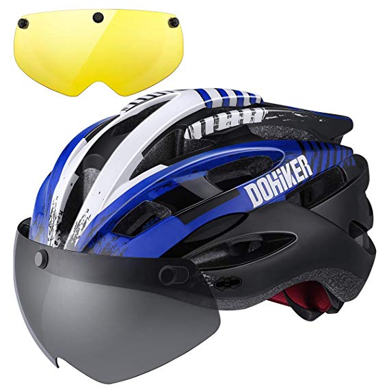 Dohiker  Light Weight Cycle Helmet with 2 Magnetic Goggles, 3 Modes Safety Rear Light, 26 Vents, Detachable Visor Adjustable Strap Road/Mountain Bike Cycle Helmets For Men Women