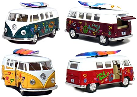 Set of 4 Vehicles: 5" 1962 VW Classic Van Flowers with Surfboard (Red, Green, Maroon and Yellow)