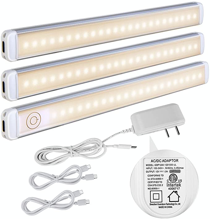 LED Under Cabinet Light kit dimmable - GONOTO Under Cabinet Lighting kit 120V ETL Adapter Touch on/Off /Dimmer Under Counter Lighting Tool-Free Install Kitchen Accent Lights Warm White 3000K 3pack