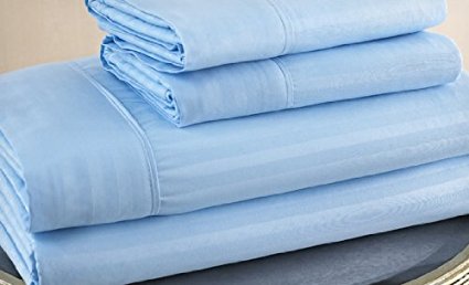 Queen Size Light Blue 300 Thread Count 100% Cotton Sateen Dobby Stripe Sheet Set
