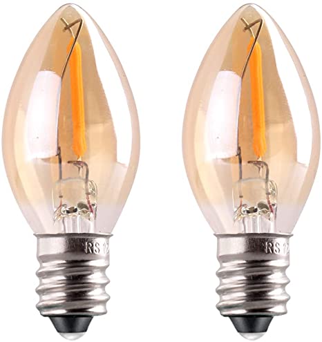 C7 LED Nignt Light Bulb,Classical Edison Style E12 Candle Base, 0.5 Watt LED Filament Bulb, Sign Light Replacement Bulb,5 Watts Equivalent, Ultra Warm White 2200K Amber Glass 2PCS