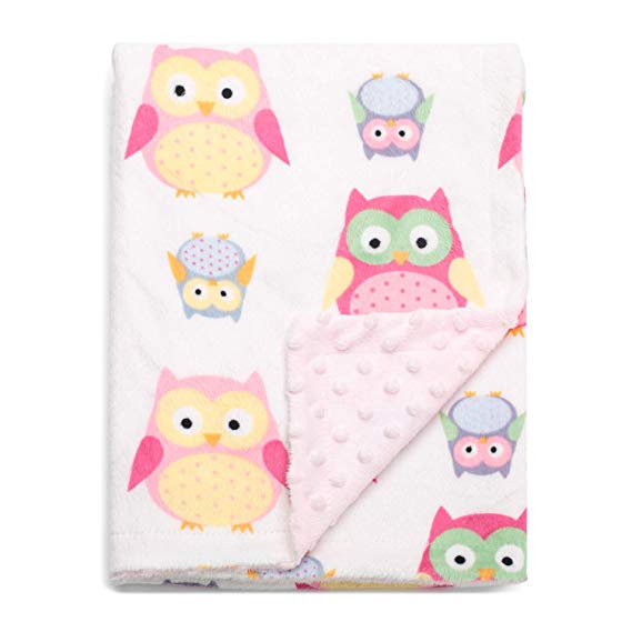 Boritar Baby Blanket for Girls Soft Minky With Double Layer Dotted Backing, Lovely Pink Owls Printed 30"x40"
