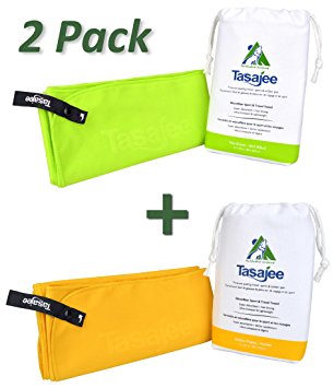 Premium Microfiber Travel & Sports Towel by Tasajee. Fast Drying, Super Absorbent, Ultra-compact, Lint-free, Durable. Soft Suede Finish with large Clip-open Hanging Loop.