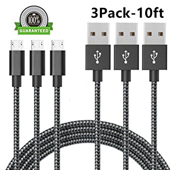 AOKER Micro USB Cable, [NEW] 3Pack 10FT Extra Long Nylon Braided [Fast Charger Cord] Sync and Charge for Android Devices, Samsung Galaxy S7 Edge/S6/S5/S4,Note 5/4/3,HTC,LG,Nexus (3x10ft Black White)