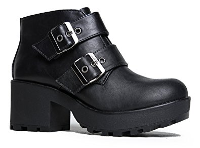Platform Ankle Boot - Edgy Low Chunky Biker Bootie - Trendy Buckle Strap Lug Sole - Round Closed Toe - Grunge Elevated Heel Casual Boot, Black Pu, 11 B(M) US