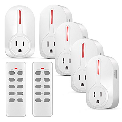 Wireless Outlet Switch with Remote Control - Wirelessly Turn Power On Off Wireless Electrical Outlet Plug for Household Appliances Lamp Light - 5 Pack with 2 Learning Code Remote Control