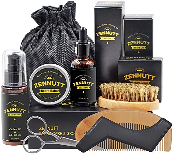 ZenNutt Beard Grooming Kit for Beard Growth and Beard Care - Includes Shampoo, Beard Oil, Beard Balm, Boar Bristle Brush, Comb, Sharp Scissors - Mens Grooming Kit Set With Gift Box