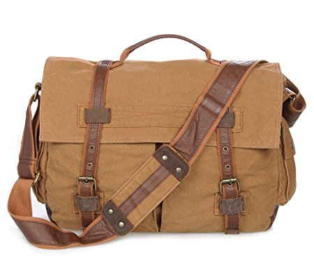 Kenox 16 Inches Vintage Canvas Leather Laptop Briefcase Scholl College Messenger Bag Traveling Shoulder Bag