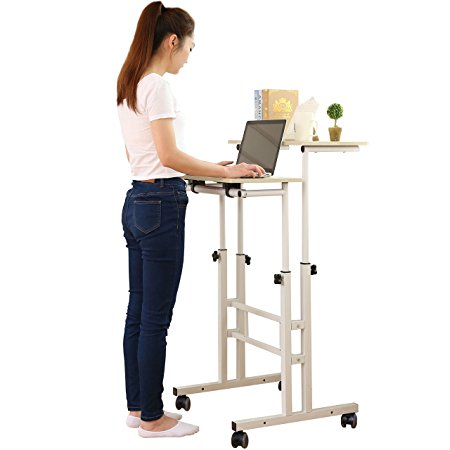 SDADI 2 Inches Carpet Wheel Mobile Stand Up Desk Height Adjustable Home Office Desk With Standing and Seating 2 Modes 3.0 Edition Light Grain