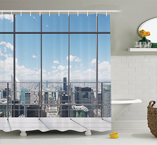 House Decor Shower Curtain Set By Ambesonne, Modern Office Work Place With View To City Architecture Contemporary Urban, Bathroom Accessories, 75 Inches Long
