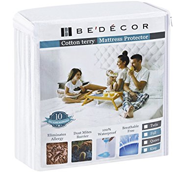 Twin Size Bedecor Mattress Protector - 100% Waterproof, Hypoallergenic - Premium Fitted Cotton Terry Cover - 10 Year Warranty
