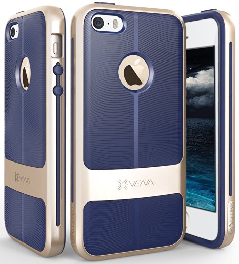 iPhone SE Case, Vena [vAllure] Wave Texture [Bumper Frame][CornerGuard ShockProof | Strong Grip] Ultra Slim Hybrid Cover for Apple iPhone SE / 5s / 5 (Gold / Navy Blue)