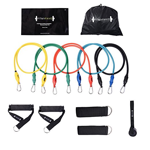 FITMYFAVO 12pc Resistance Band Set with 5 Stackable Resistance Bands,Door Anchor,2 Ankle Straps,2 Foam Handles and Exercise Guide