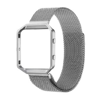 Fitbit Blaze Accessories Band Large UMTele Rugged Metal Frame Housing with Magnet Lock Milanese Loop Stainless Steel Bracelet Strap Band for Fitbit Blaze Smart Fitness Watch Silver 61-93