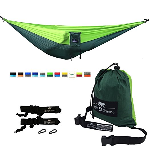 Koki Outdoors Lightweight Double Hammock - Heavy Duty Parachute Nylon - Tree Straps, Steel Carabiners and Carry Bag Included