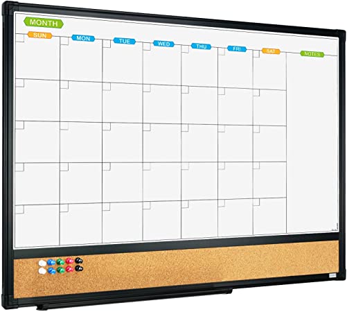 JILoffice Magnetic Calendar Whiteboard & Bulletin Corkboard Combination, Combo Board 24 x 18 Inch, Black Aluminum Frame Wall Mounted Board for Office Home and School with 10 Push Pins