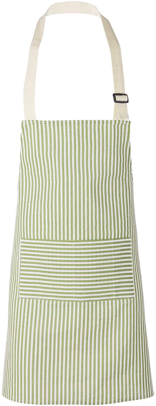 YURILIFE Ashe Soft Cotton Linen Kitchen Apron with Pocket for Women and Men Professional Cooking Apron Chef Designed (Stripe – Green XL)