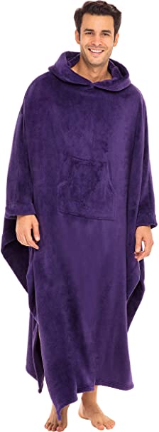 Alexander Del Rossa Long Hooded Fleece Blanket Robe, Poncho with Hood