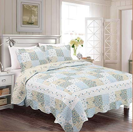 Fancy Collection 2pc Twin/Twin Extra Long Bedspread Bed Cover Floral Off White Blue Beige Reversible New # Mdison