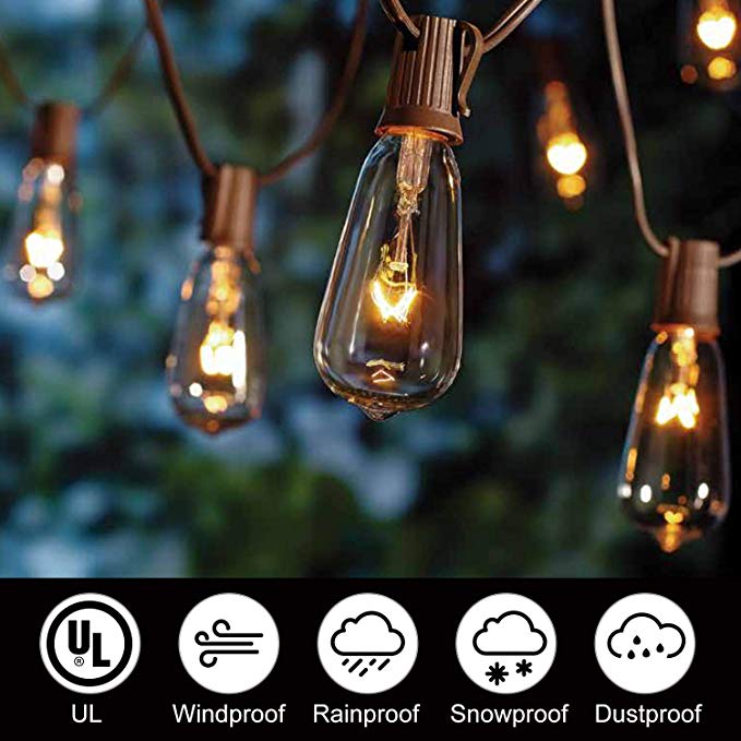 20Ft Outdoor Patio String Lights with 20 Clear Edison ST40 Bulbs(Plus 1 Extra Bulb), UL Listed C9 Light String for Backyard, Deckyard, Party, Pergola, Bistro, Porch, Pool Umbrella, Brown Wire