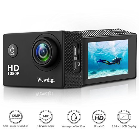 Wewdigi EV5000 Action Camera , 12MP 1080P 2 Inch LCD Screen , Waterproof Sports Cam 140 Degree Wide Angle Lens , 30m Sport Camera DV Camcorder With 10 Accessories Kit (Black-I)