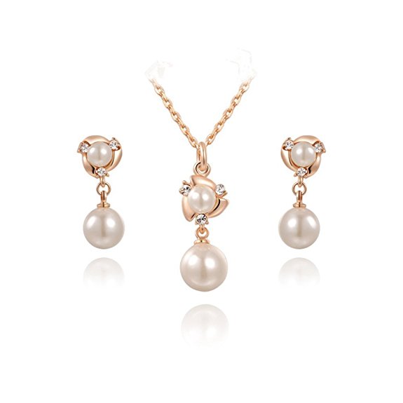 Angelady White Pearl Earring and Necklace Sets 18k Gold Plated Wedding Engagement Bridal Jewelry Sets