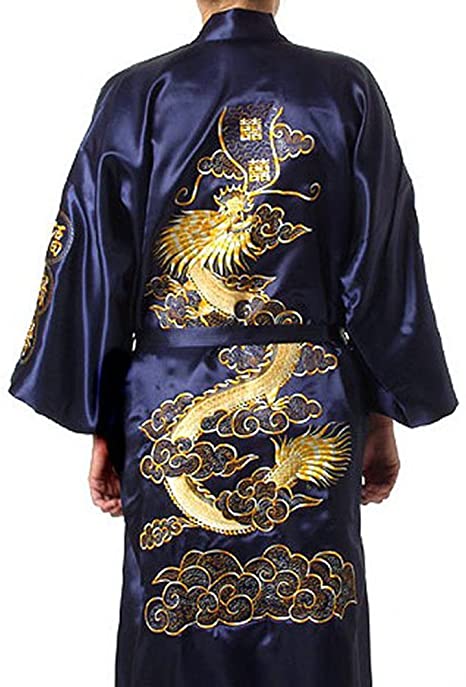 Chinese Men's Silk Satin Embroider Kimono Robe Gown Dragon (Navy Blue, XL)