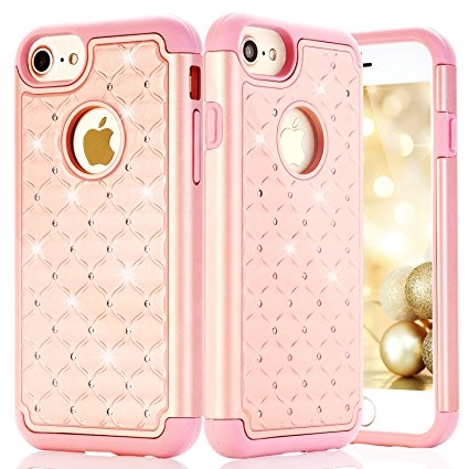 iPhone 7 Case, Arodking Luxury Bling Crystal Diamond Cute Rose Gold Protective Shell For Girls Soft Rubber With Hard PC Heavy Duty Hybrid Rugged Durably Defender Cover For (4.7 Inch) Apple iPhone 7