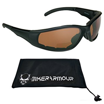 Blue Blocker HD Vision Motorcycle Bifocal Sunglasses Padded. 1.50 ANSI Z87.1 Safety Lenses & Microfiber Cleaning Case.