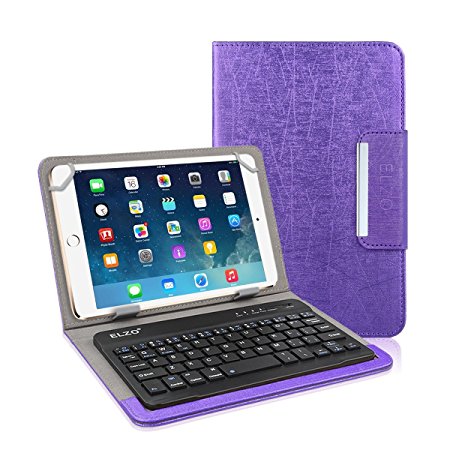 Elzo® 9" 10" 10.1" PU Leather Folio Case Cover with Magnetic Closure Detachable Rechargeable Bluetooth Keyboard for iPad, iPad Air, Samsung, LG G pad, iRULU, HP Tablet (9-10 inch, Purple)
