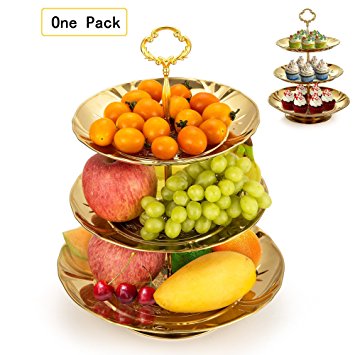 Fruit Plate, Imillet 3 Tier Stainless Steel Plate for Fruits Cakes Desserts Candy Buffet Stand for Wedding &Home&Party (Golden)